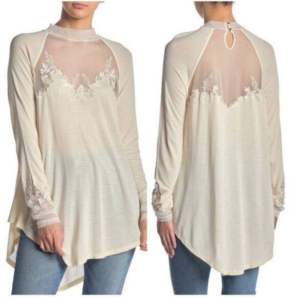 Free People Tops - Free People Womens Saheli Tunic Top Cream Small Embroidered Mesh Boho Prairie